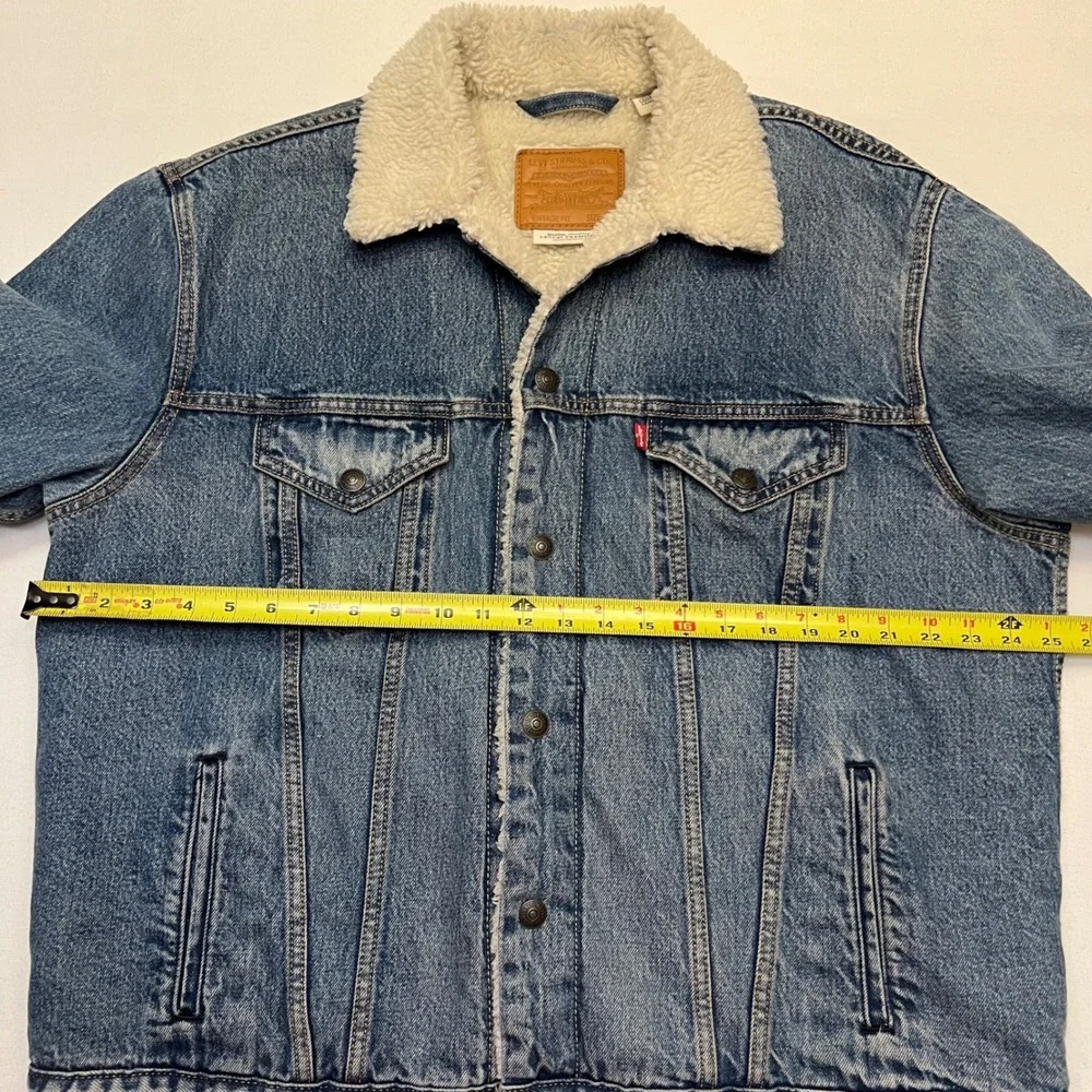 Levis Premium Blue Denim Sherpa Lined‎ Utility Streetwear Trucker Jacket Size L